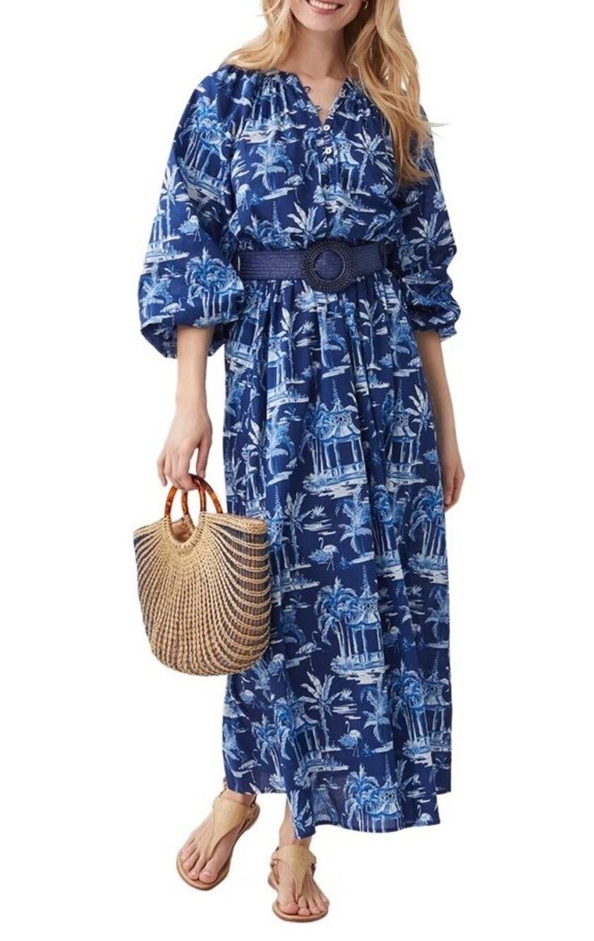 NWT J.McLaughlin x Filipa de Abreu Daniela Dress L Blue Toile Cotton Resort Maxi